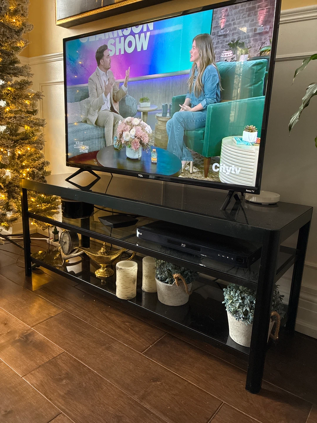 Black TV Stand with Glass Shelves
