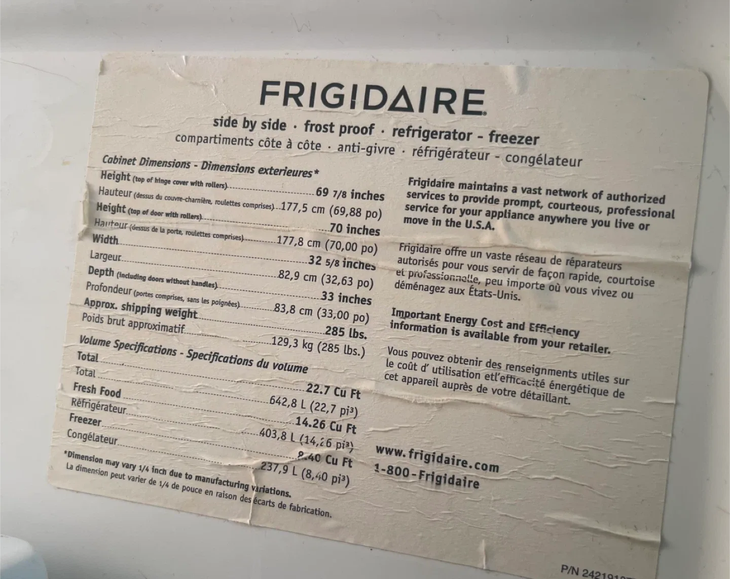 Frigidaire Side-by-Side Refrigerator