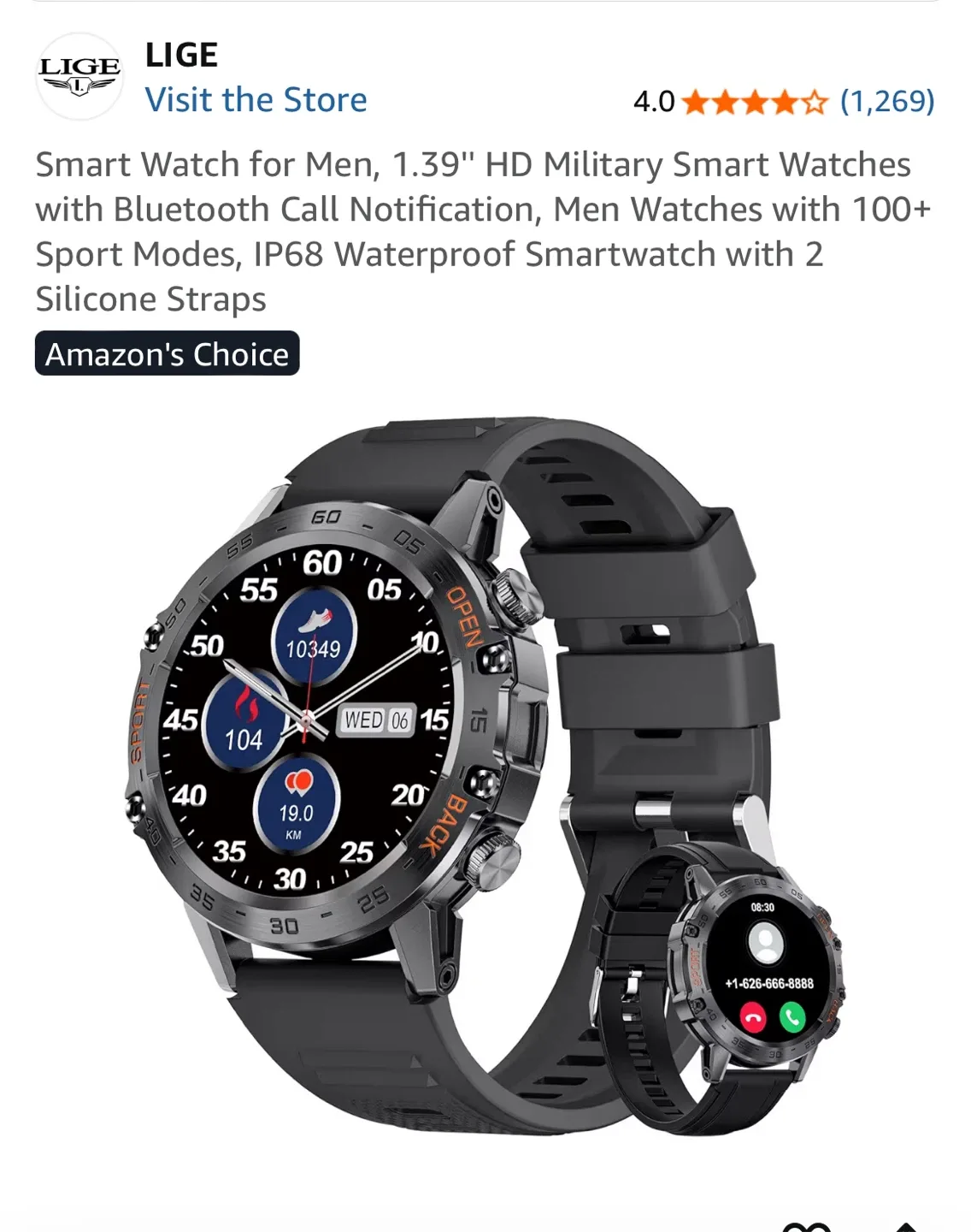 LIGE 1.39" HD Military Smart Watch