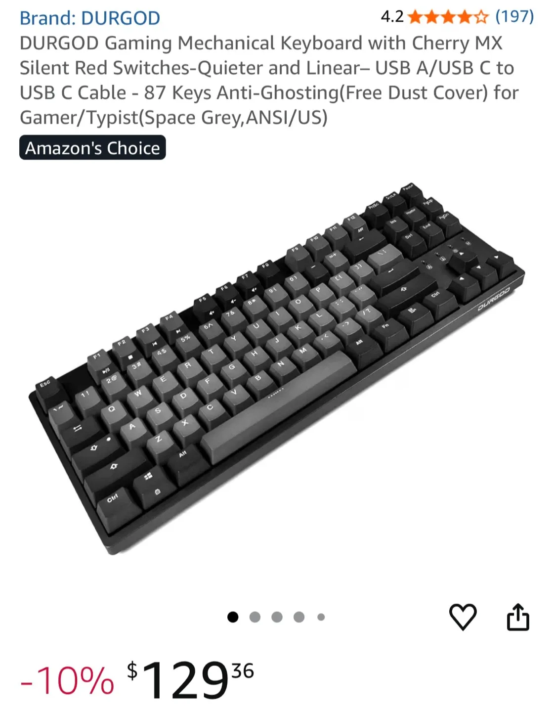 DURGOD Gaming Mechanical Keyboard - Cherry MX Silent Red image indicator(2)