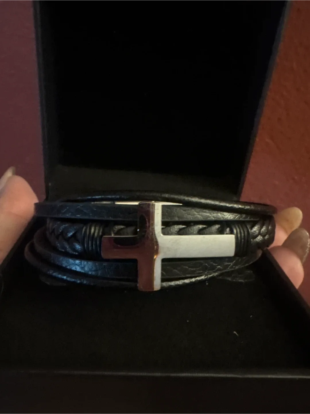 New Stylish Black leather silver Cross Bracelet