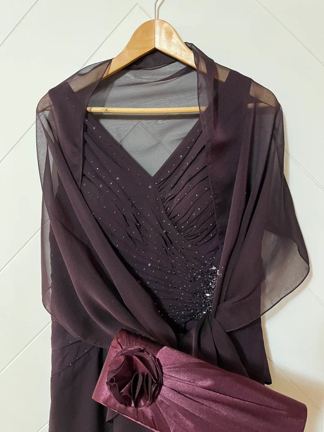 Burgundy Formal Dress with Shawl and Clutch