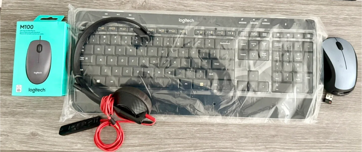 Logitech Keyboard, Headset, and M100 Mouse