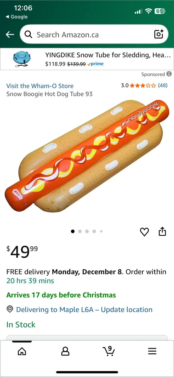 Wham-O Snow Boogie Hot Dog Tube - New in Box! image indicator(4)