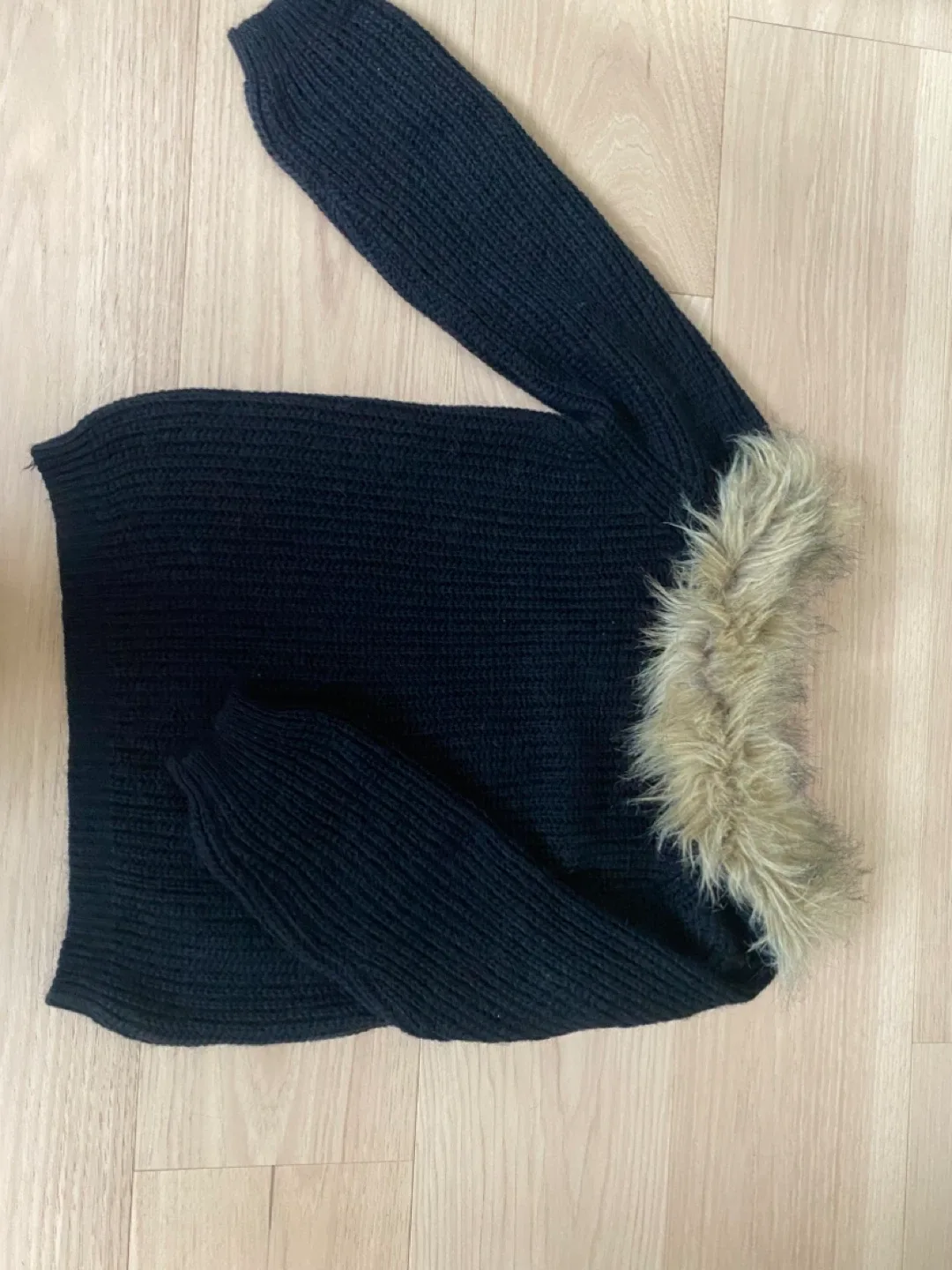 Black Knit Sweater with Faux Fur Trim
