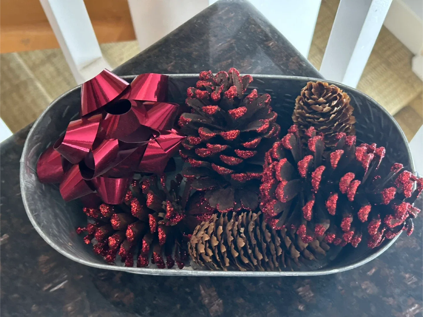 Decorative Pinecones in Metal Tub