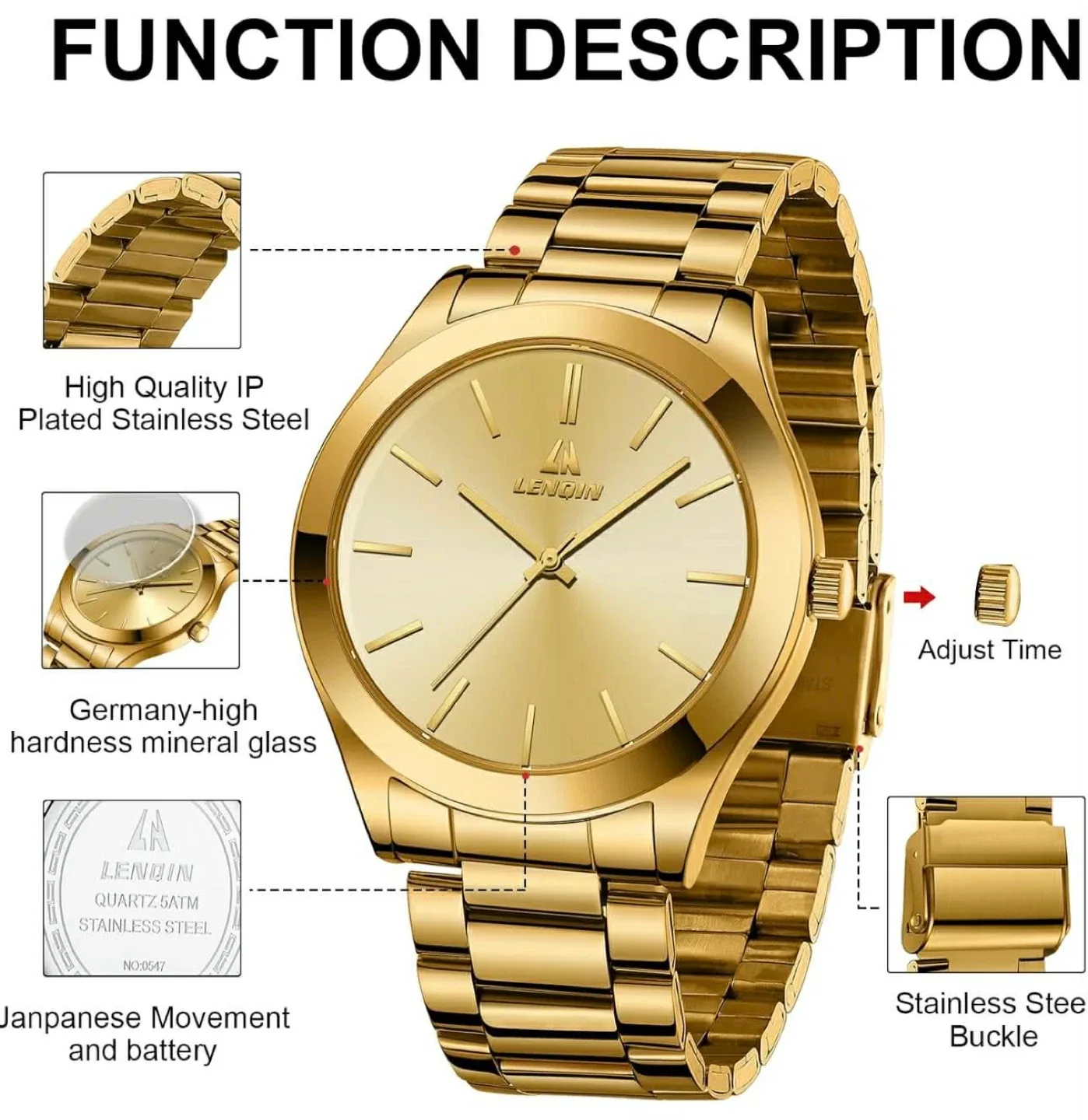 Lenwin Quartz Gold Stainless Steel Watch