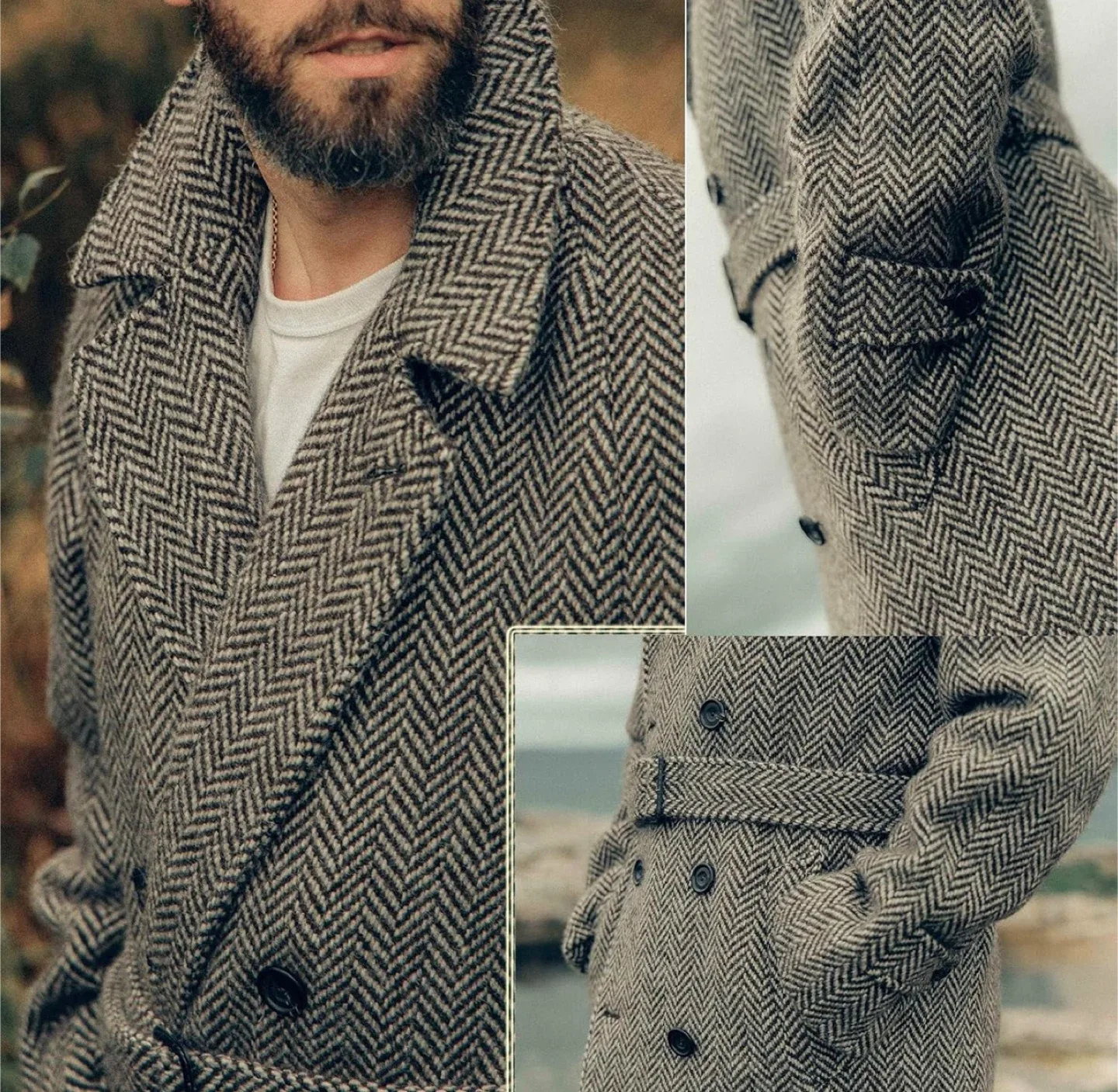 Men's Herringbone Wool Trench -  Large