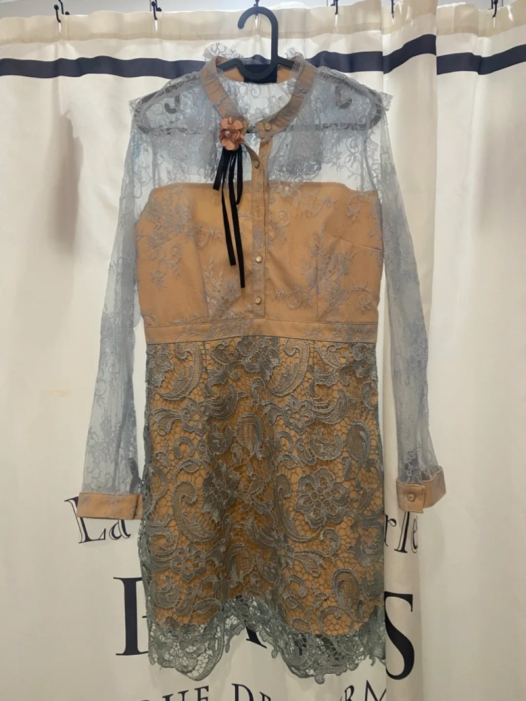 Sweet Lace Dress - Beige & Blue, Size Small