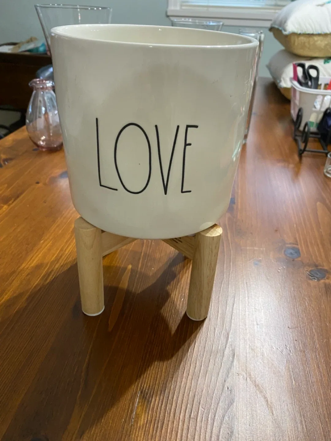Rae Dunn LOVE Planter with Wooden Stand