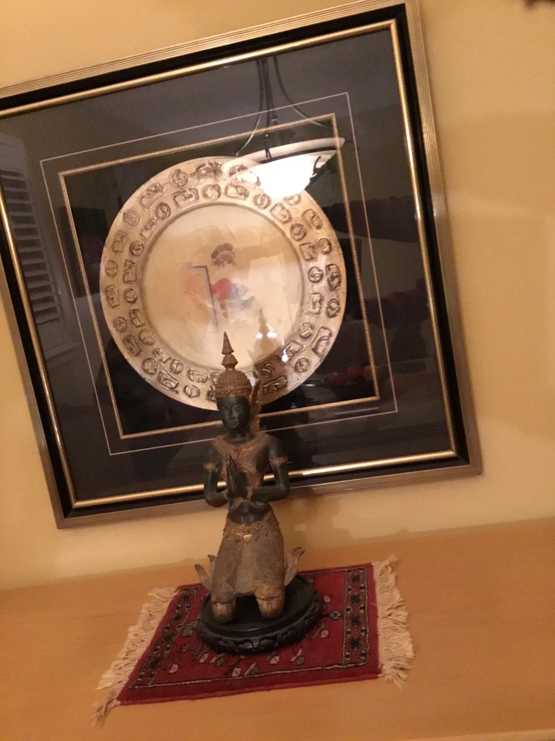 Framed Decorative Plate & Statue and Persian rug
