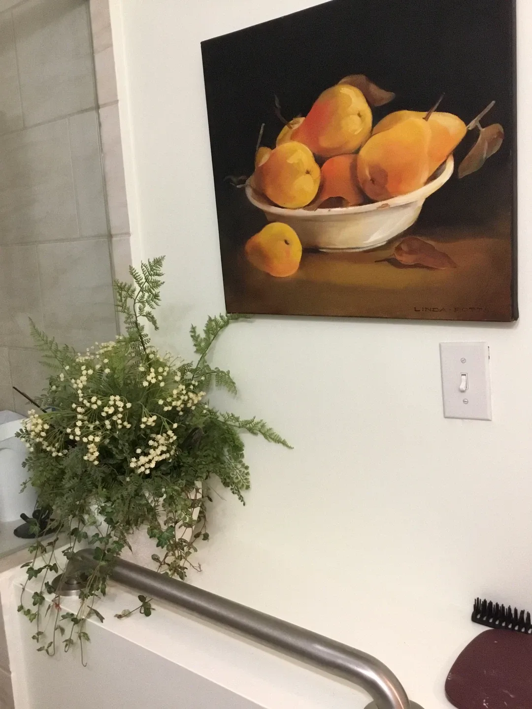 Pear painting signed Linda Potts and planter with flowers
