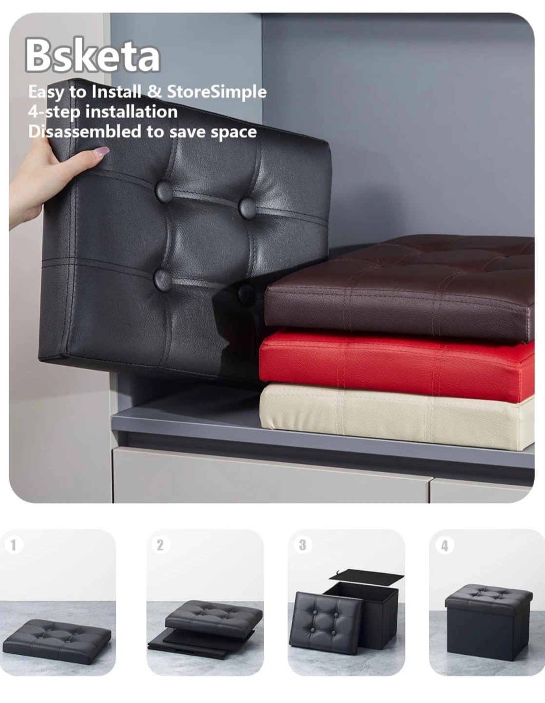 Bsketa Black Faux Leather Storage Ottoman 2 Pack - photo 2
