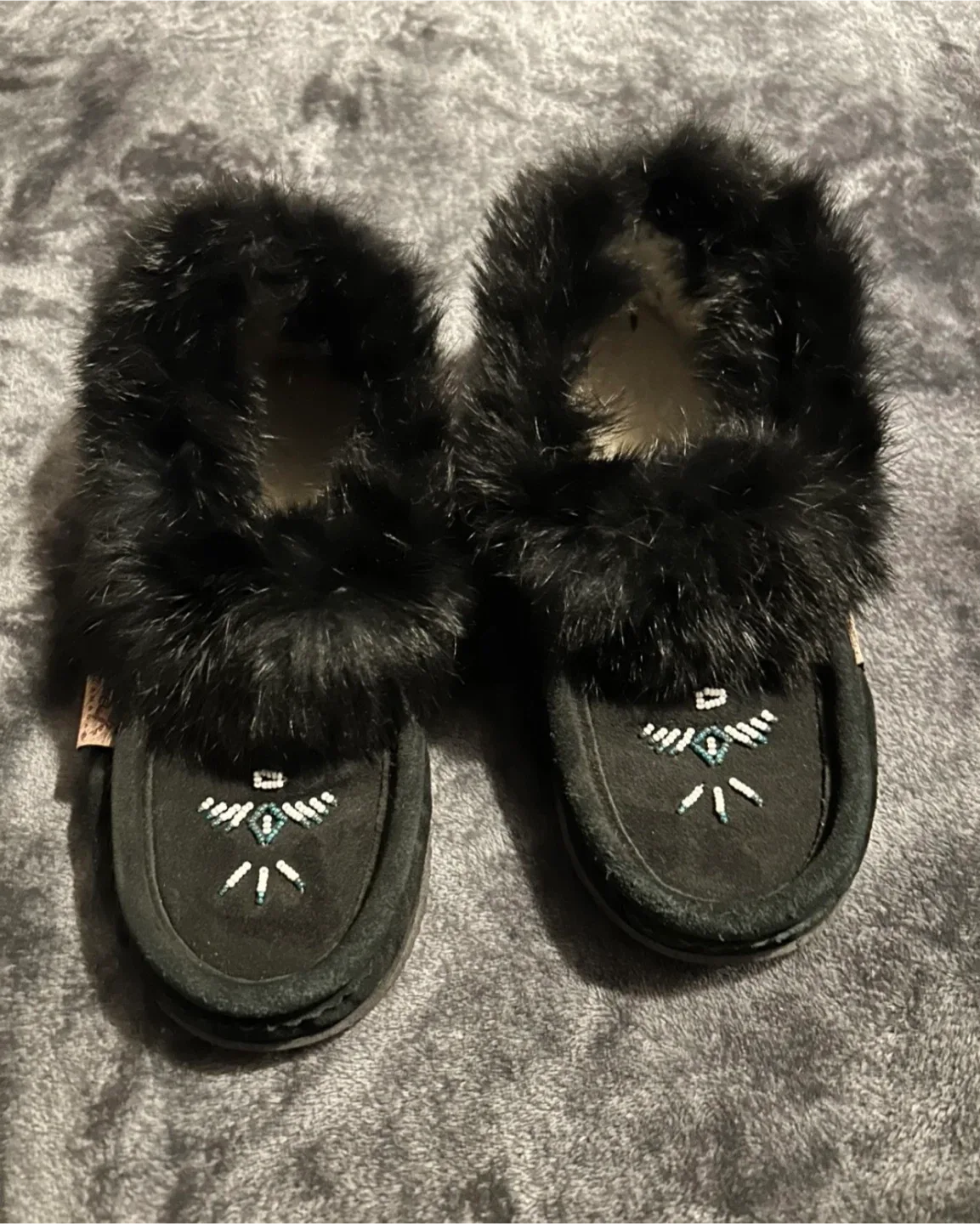 Black Moccasin Slippers with Fur Trim