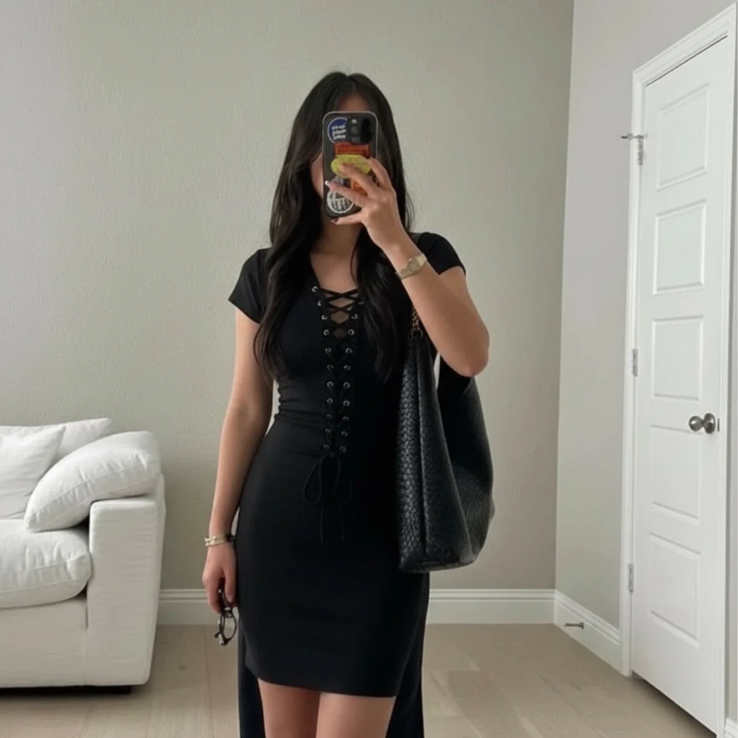 M Boutique - Black T Shirt Lace Up Front Mini Dress