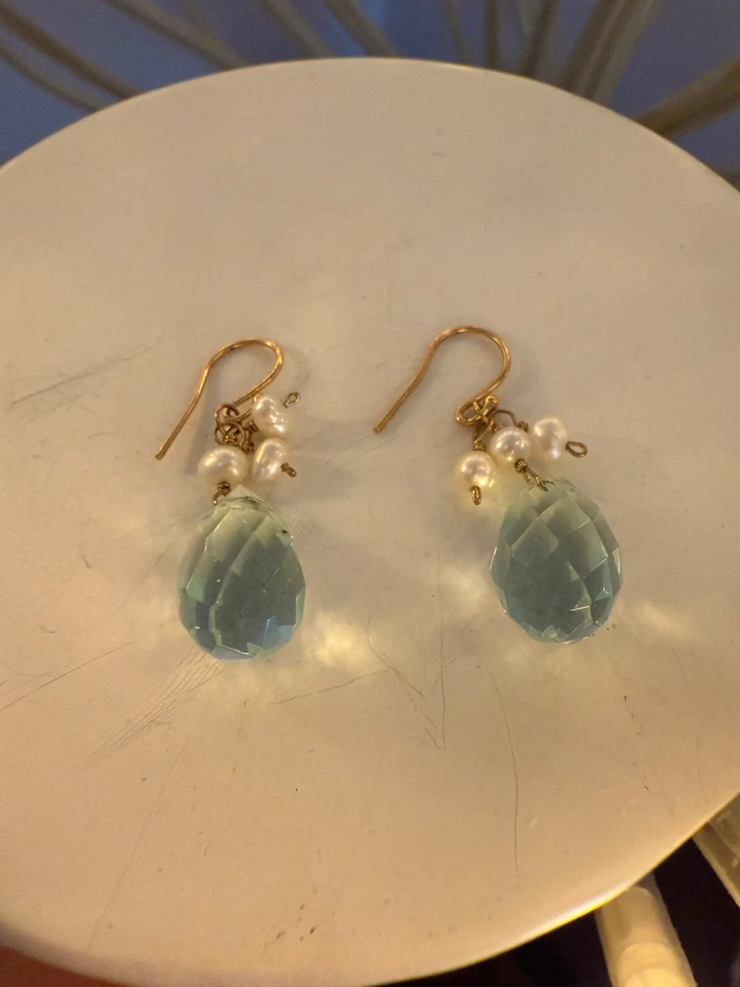 Drop aquamarine Earrings with Pearls with gold tone hooks