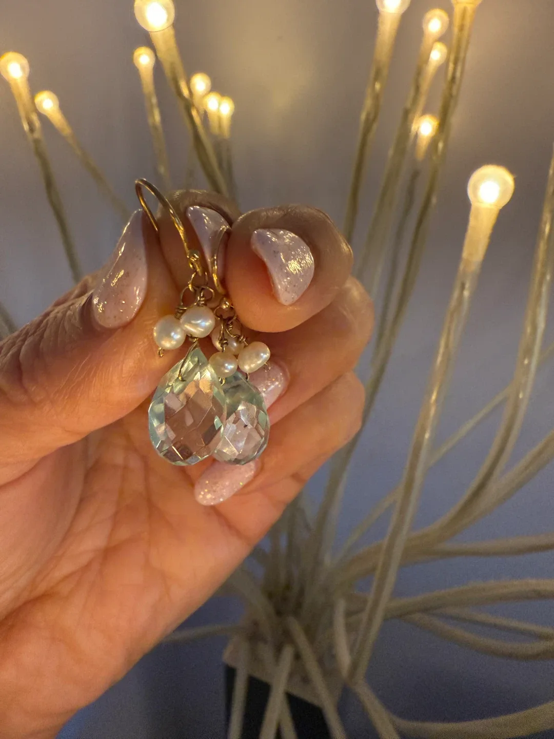 Drop aquamarine Earrings with Pearls with gold tone hooks image indicator(2)