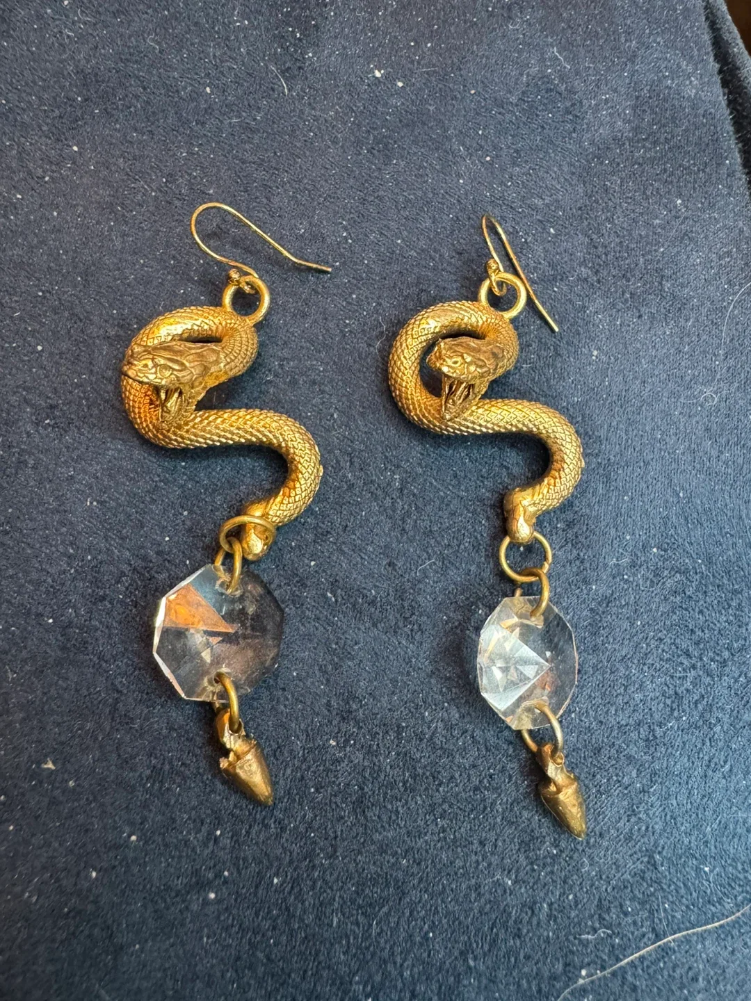 one of a kind gold snake earrings antique crystal dangler