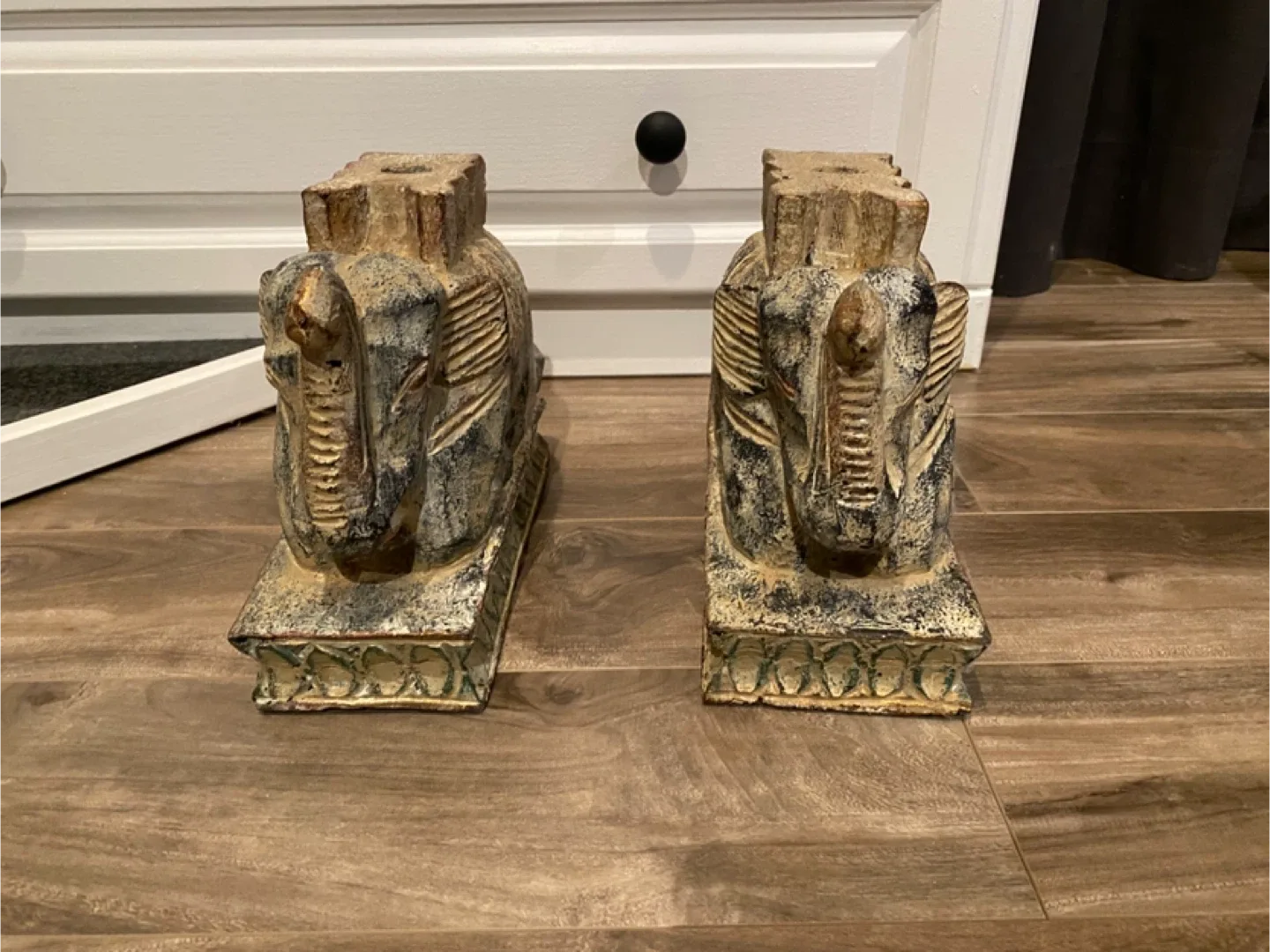 Wooden elephant andirons