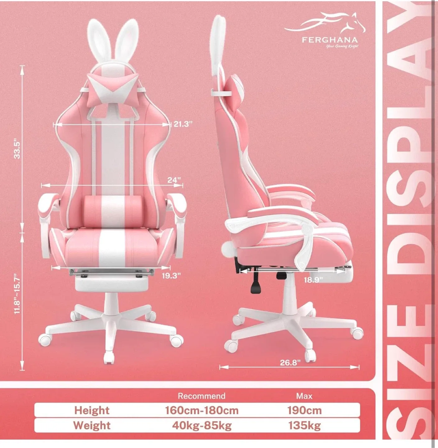 Pink Ergonomic Reclining Gaming Chair w/ Rabbit bunny Ears image indicator(2)