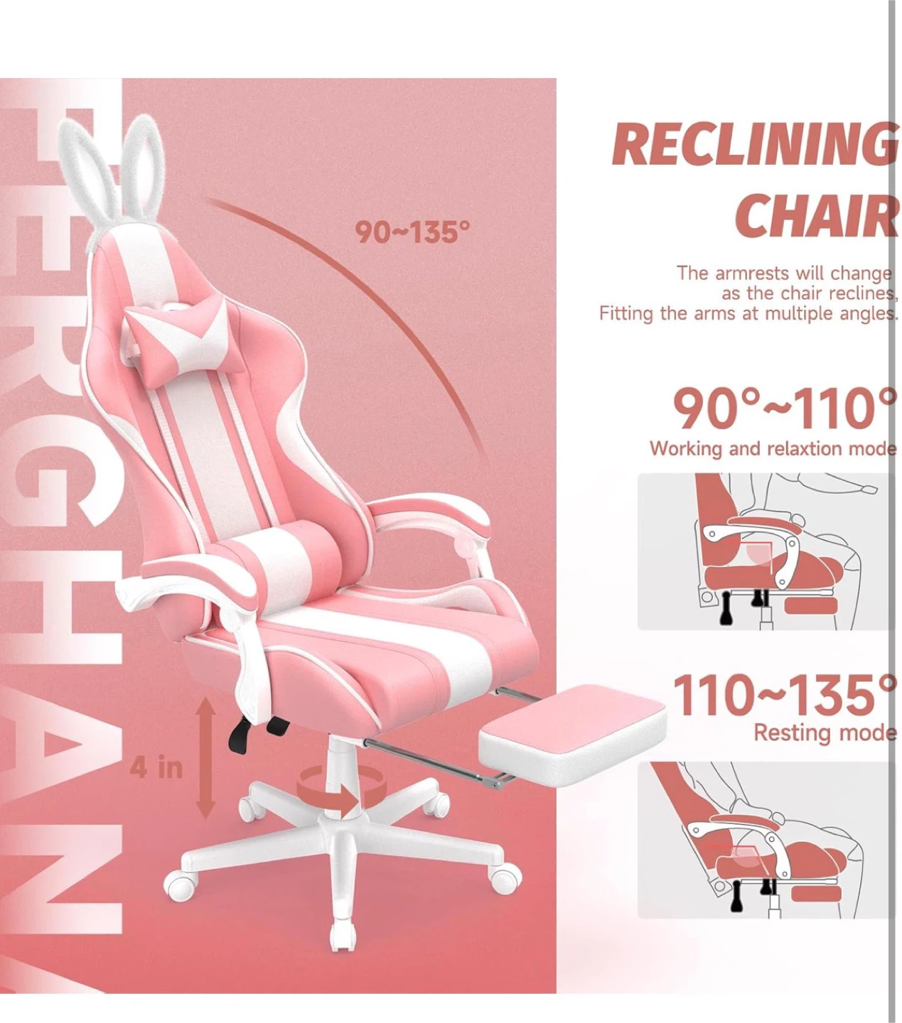 Pink Ergonomic Reclining Gaming Chair w/ Rabbit bunny Ears - photo 5