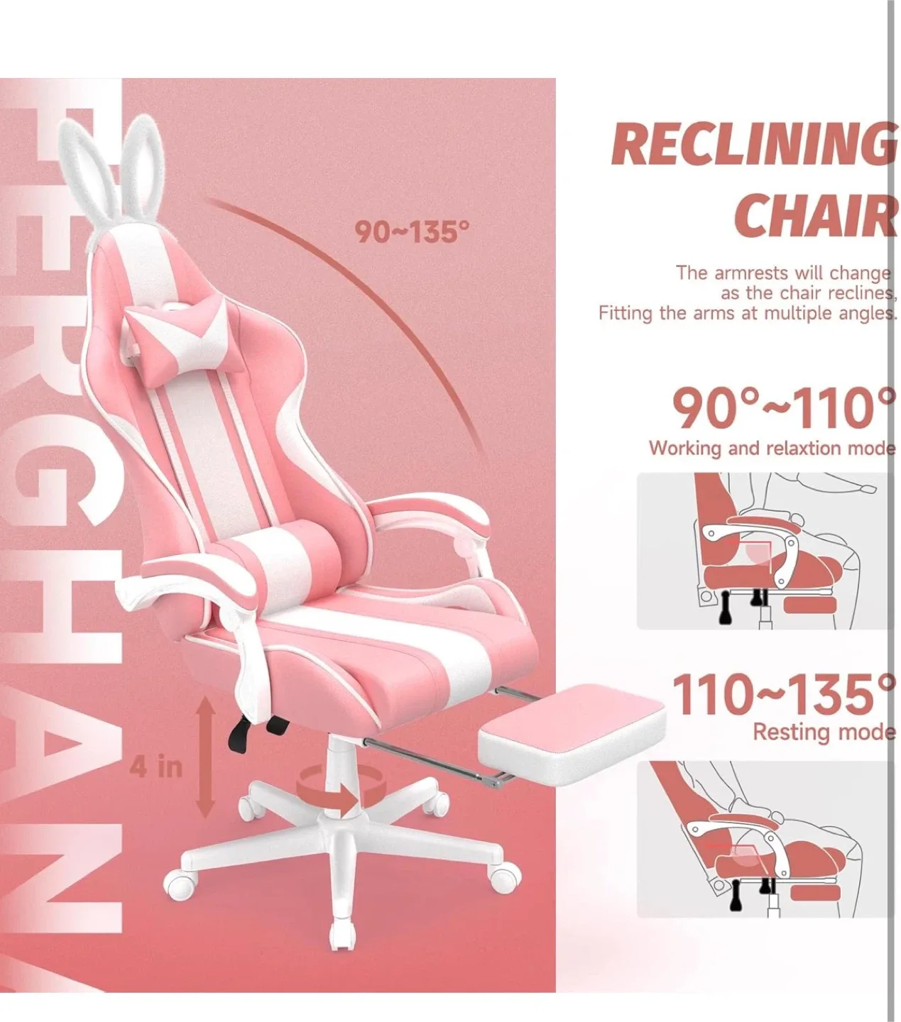 Pink Ergonomic Reclining Gaming Chair w/ Rabbit bunny Ears image indicator(5)