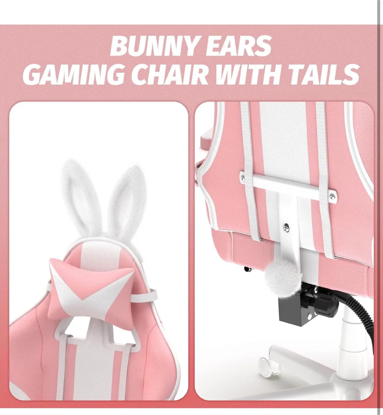 Pink Ergonomic Reclining Gaming Chair w/ Rabbit bunny Ears image indicator(7)