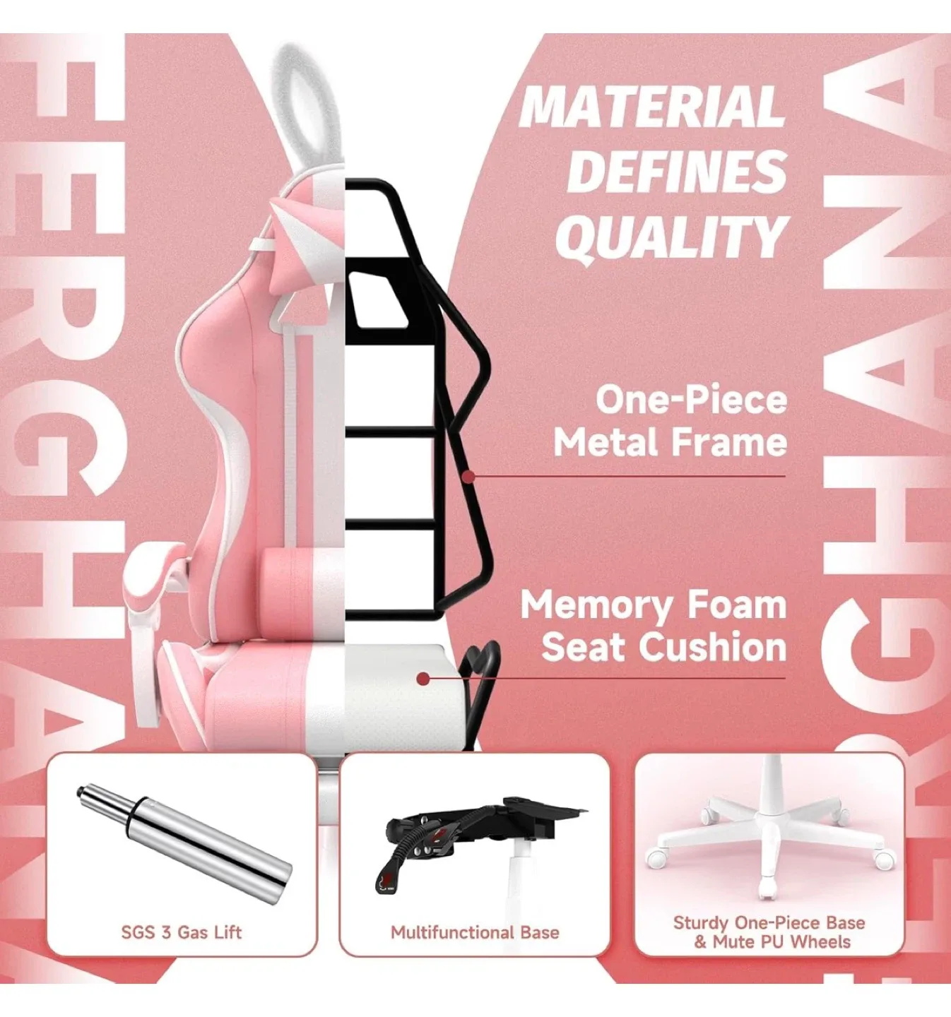 Pink Ergonomic Reclining Gaming Chair w/ Rabbit bunny Ears image indicator(6)