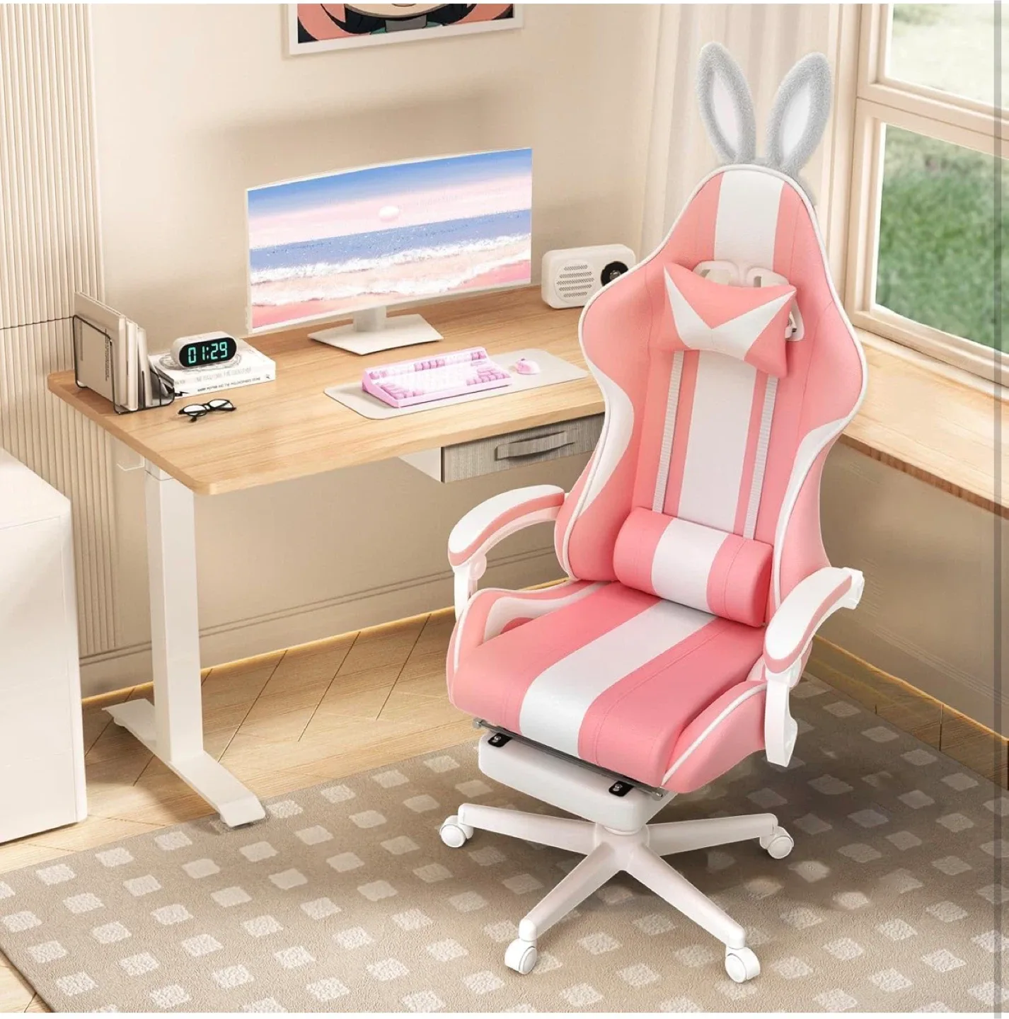 Pink Ergonomic Reclining Gaming Chair w/ Rabbit bunny Ears