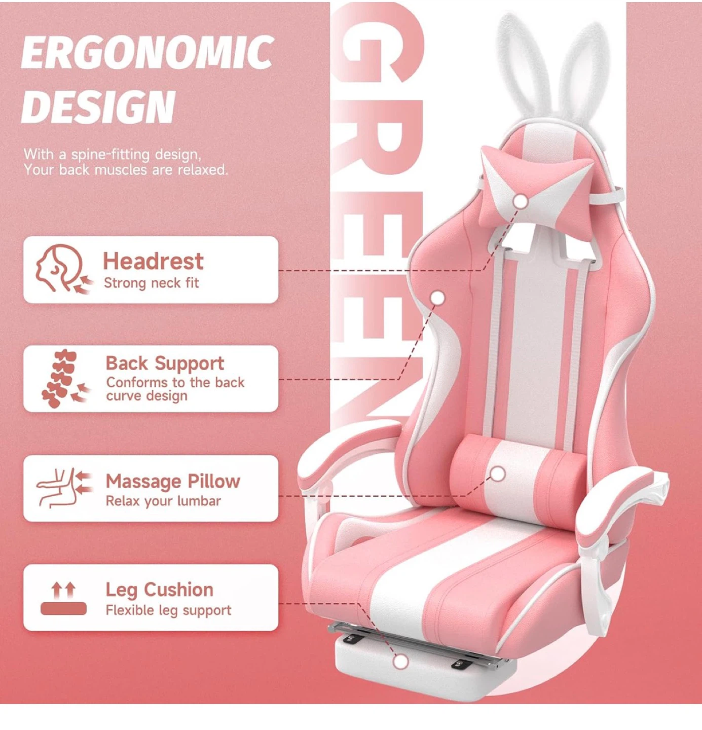 Pink Ergonomic Reclining Gaming Chair w/ Rabbit bunny Ears - photo 4