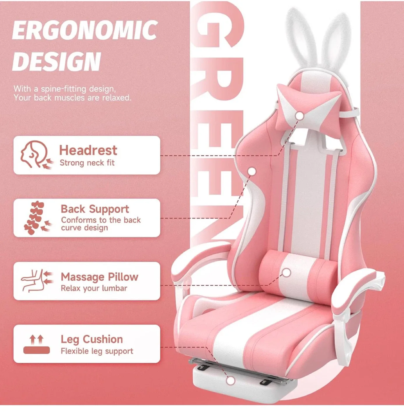 Pink Ergonomic Reclining Gaming Chair w/ Rabbit bunny Ears image indicator(4)