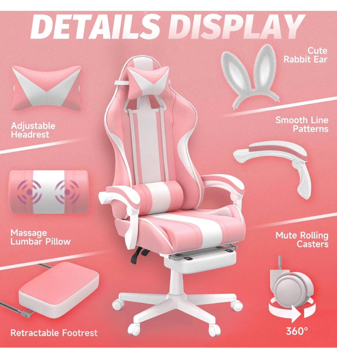Pink Ergonomic Reclining Gaming Chair w/ Rabbit bunny Ears - photo 3