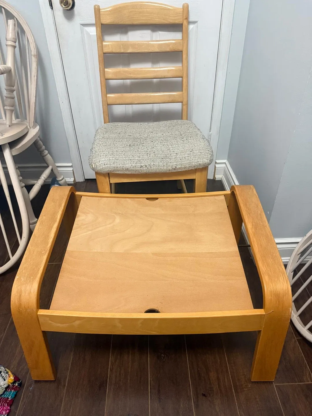 Wooden Chair with Ikea foot rest / coffee table. #Cleanout