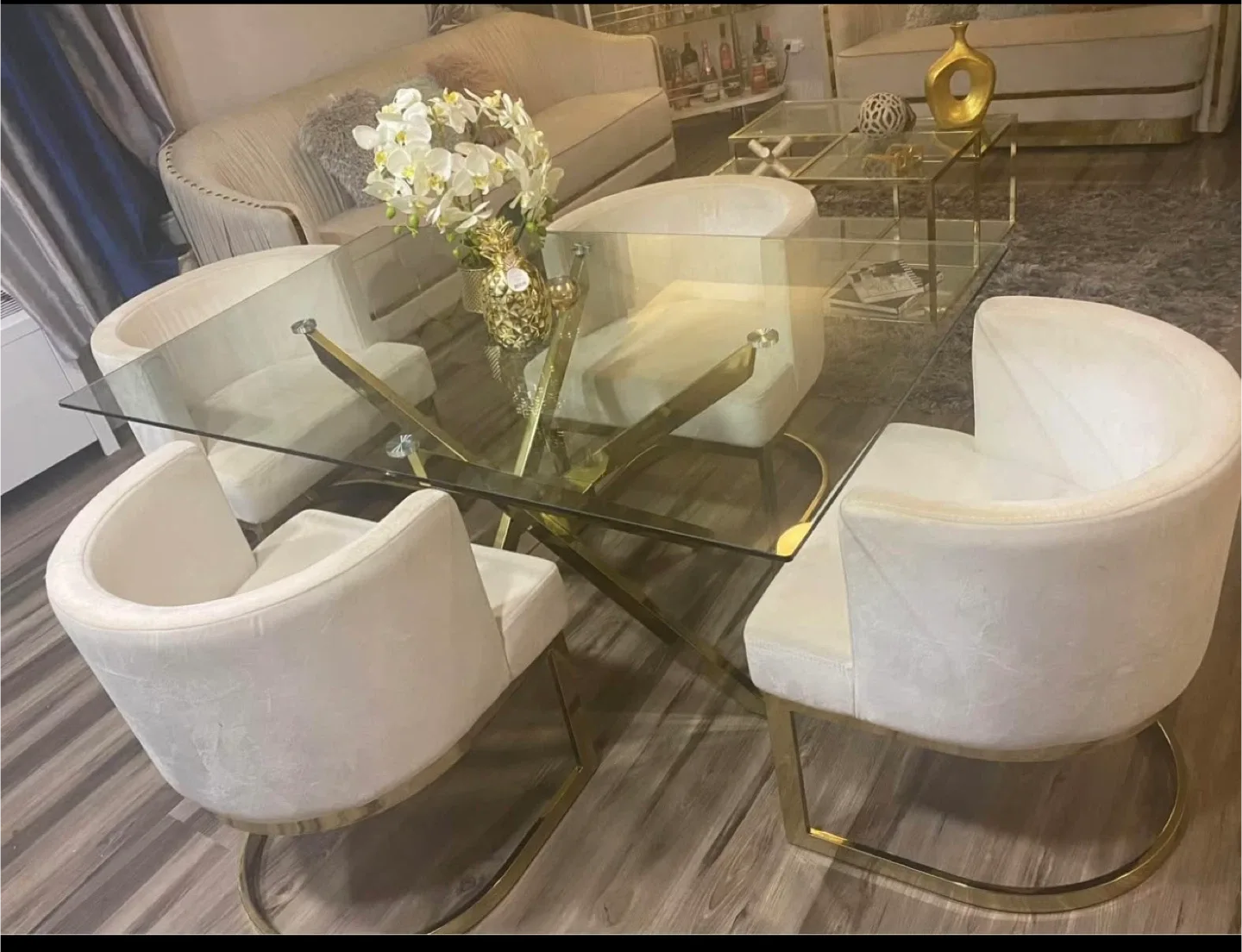 Glass Dining Table with 4 Cream Chairs image indicator(3)