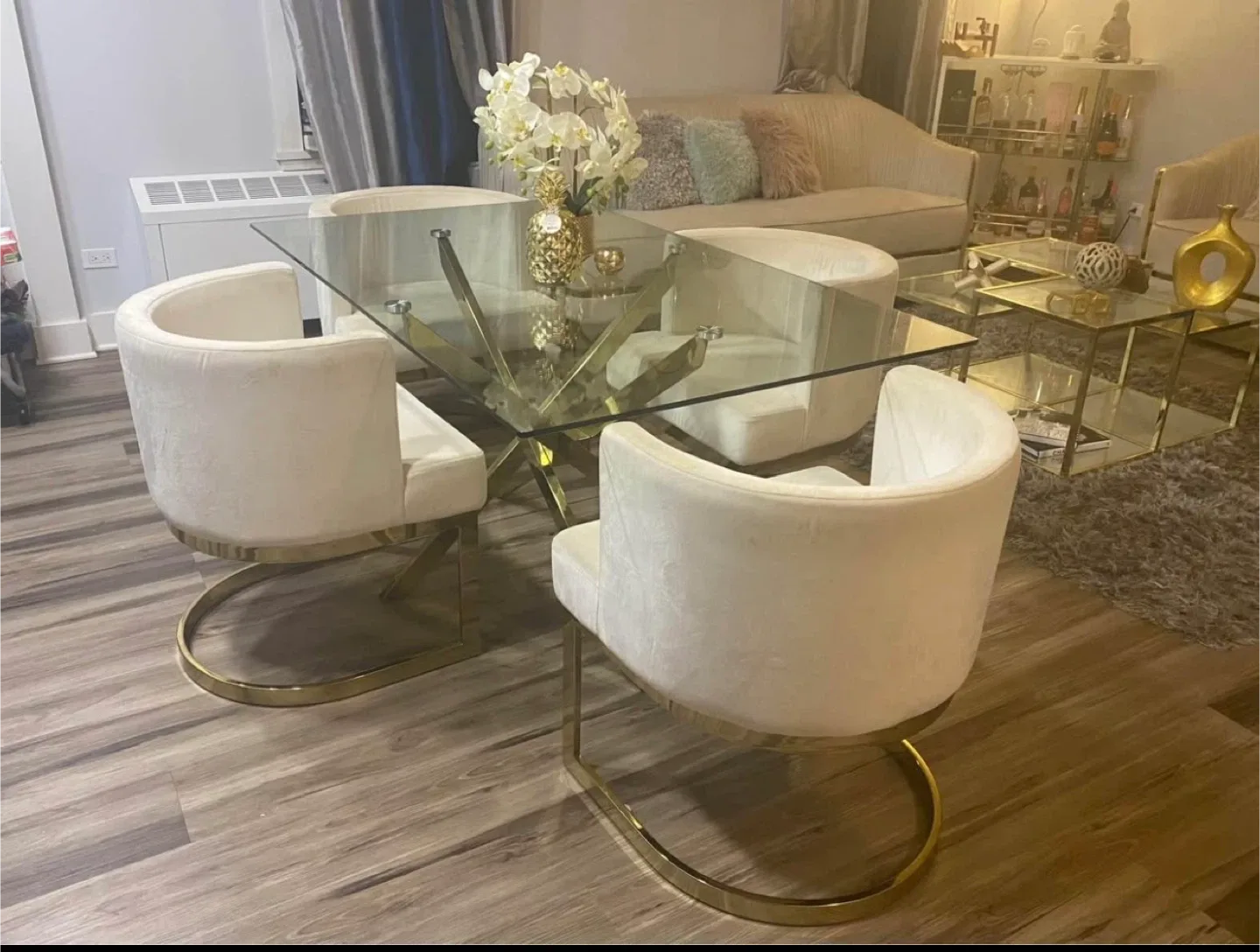 Glass Dining Table with 4 Cream Chairs image indicator(2)