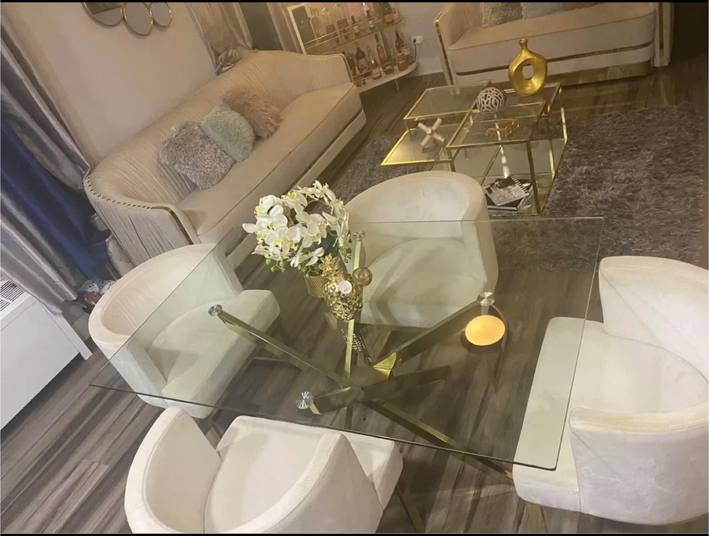 Glass Dining Table with 4 Cream Chairs image indicator(4)