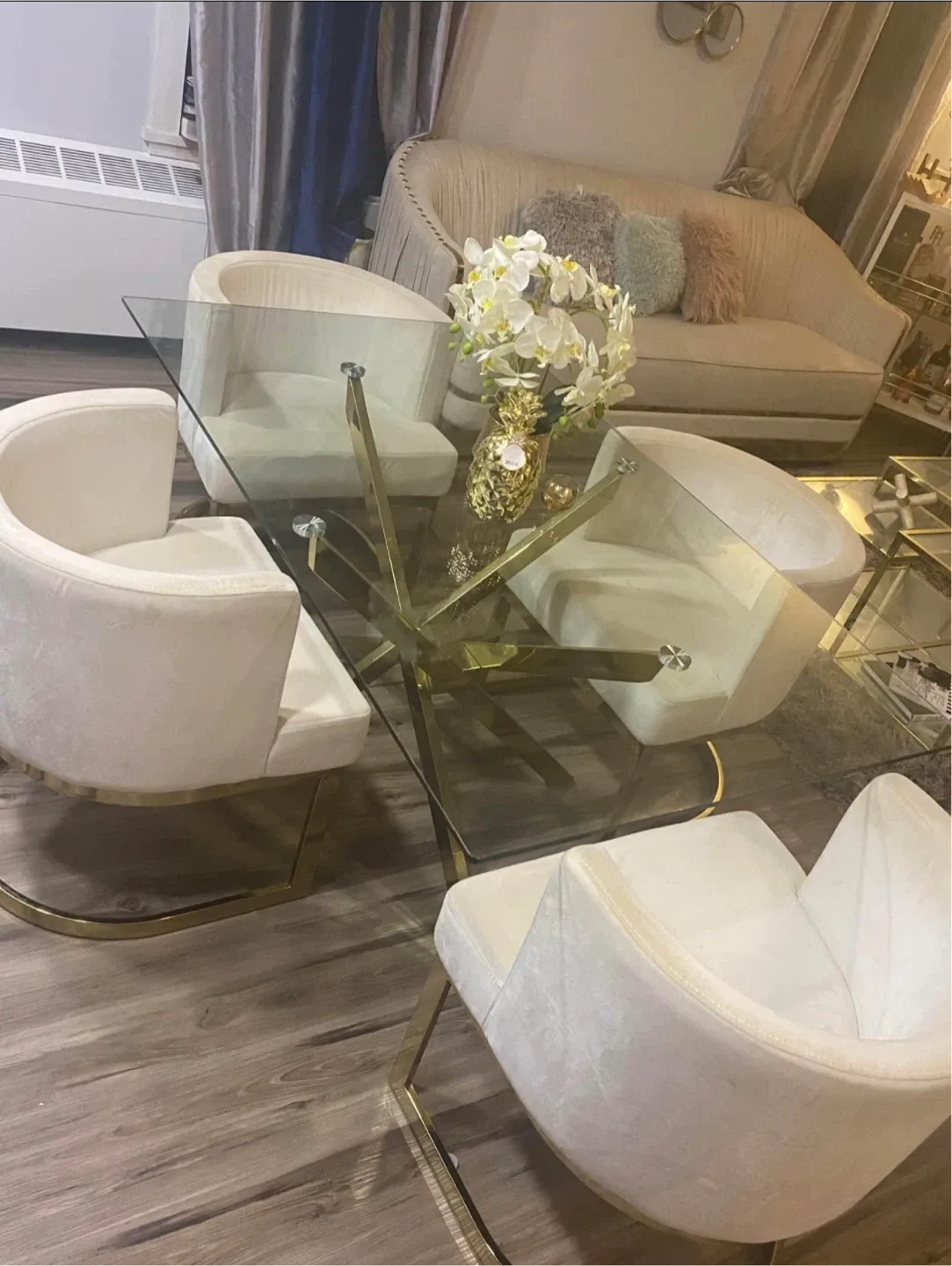 Glass Dining Table with 4 Cream Chairs