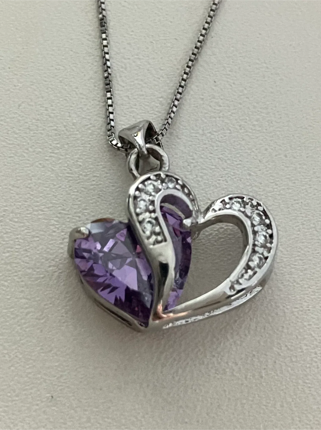 925 Silver Heart Pendant with Amethyst & clear CZ stones