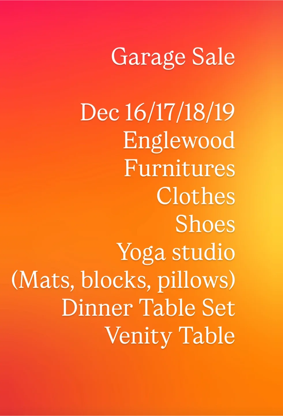 Garage Sale - Furniture, Clothes, Shoes