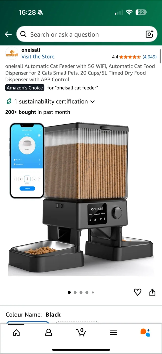 Smart Pet Feeder for 2 cats with 5G WiFi - Black