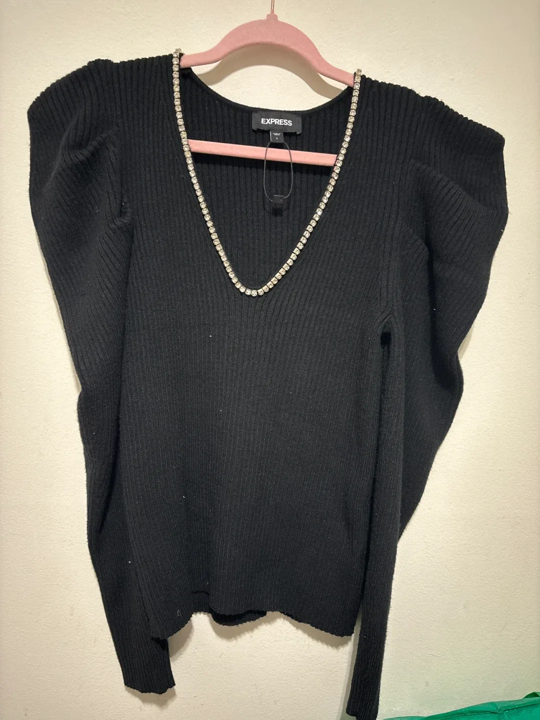 Express Black Rhinestone V-Neck Sweater - Size L