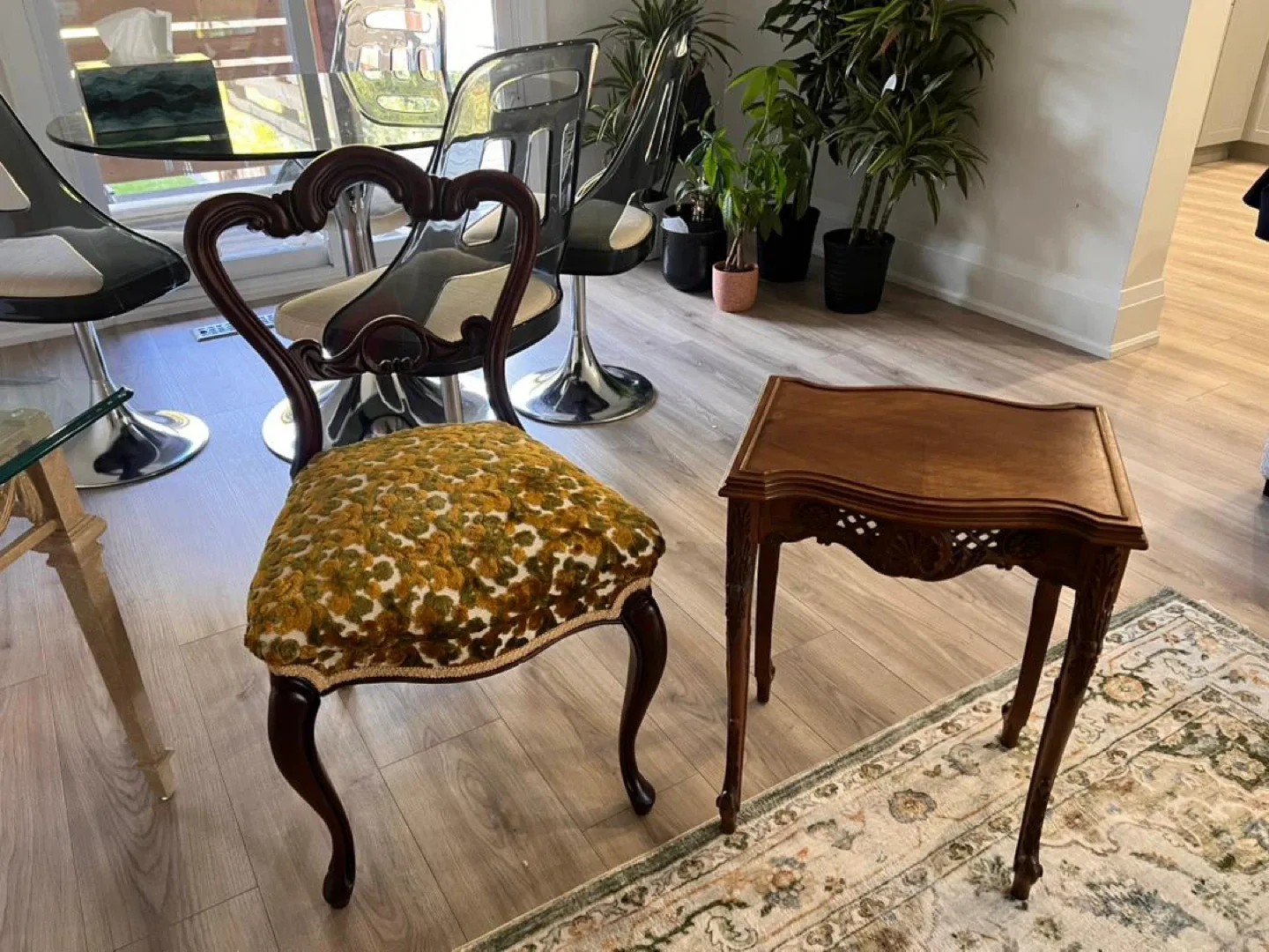 Antique Floral Upholstered Accent Chair & Side Table