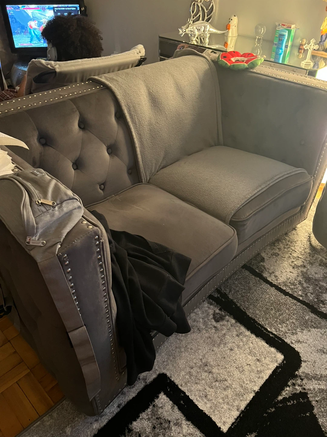 Gray Tufted Sofas with nailhead trim– Excellent Condition - photo 4