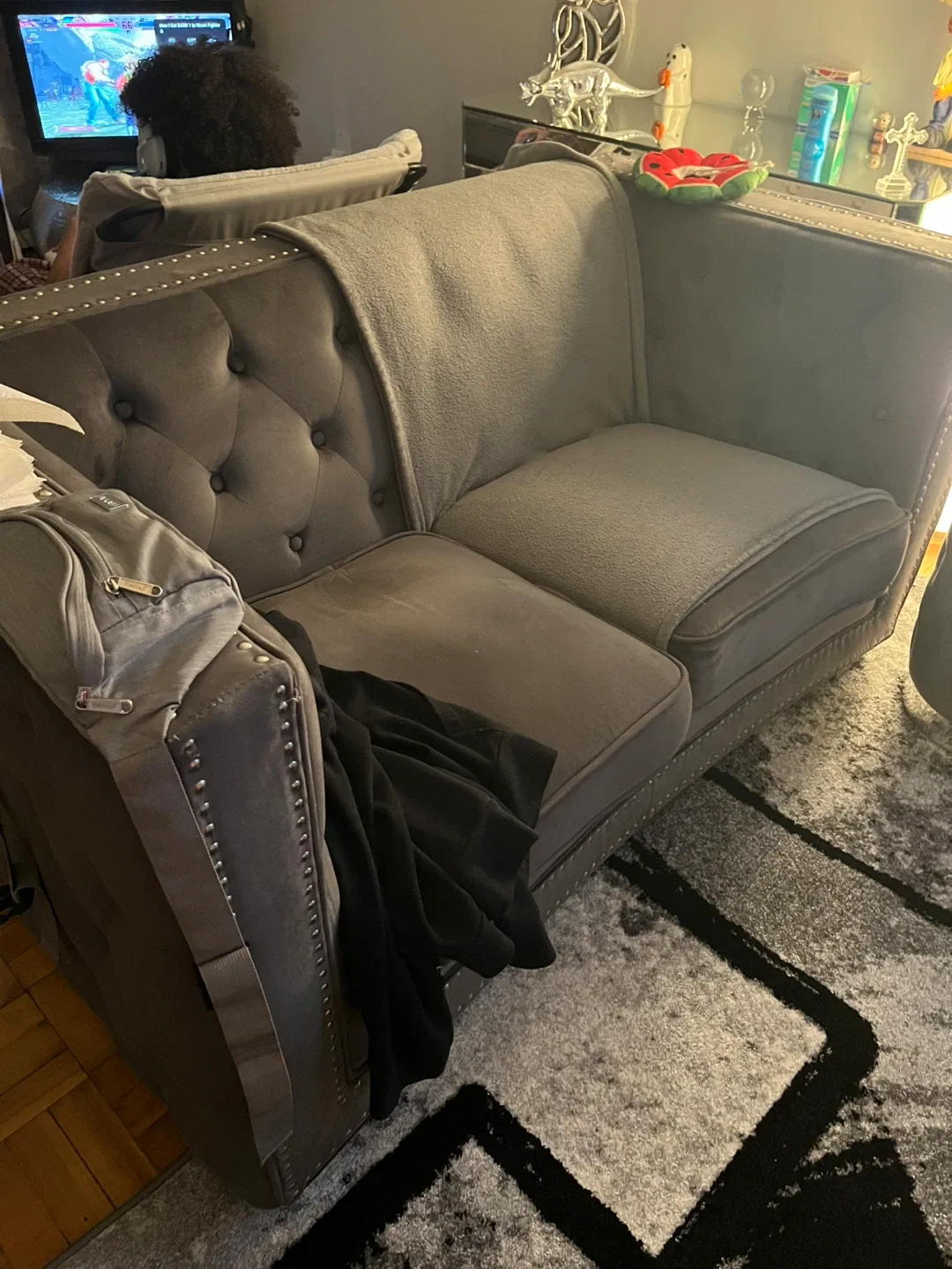 Gray Tufted Sofas with nailhead trim– Excellent Condition image indicator(4)