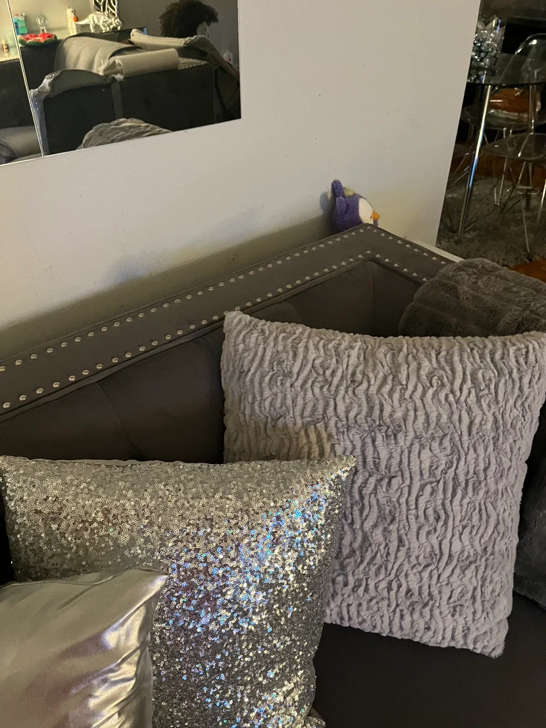 Gray Tufted Sofas with nailhead trim– Excellent Condition image indicator(5)