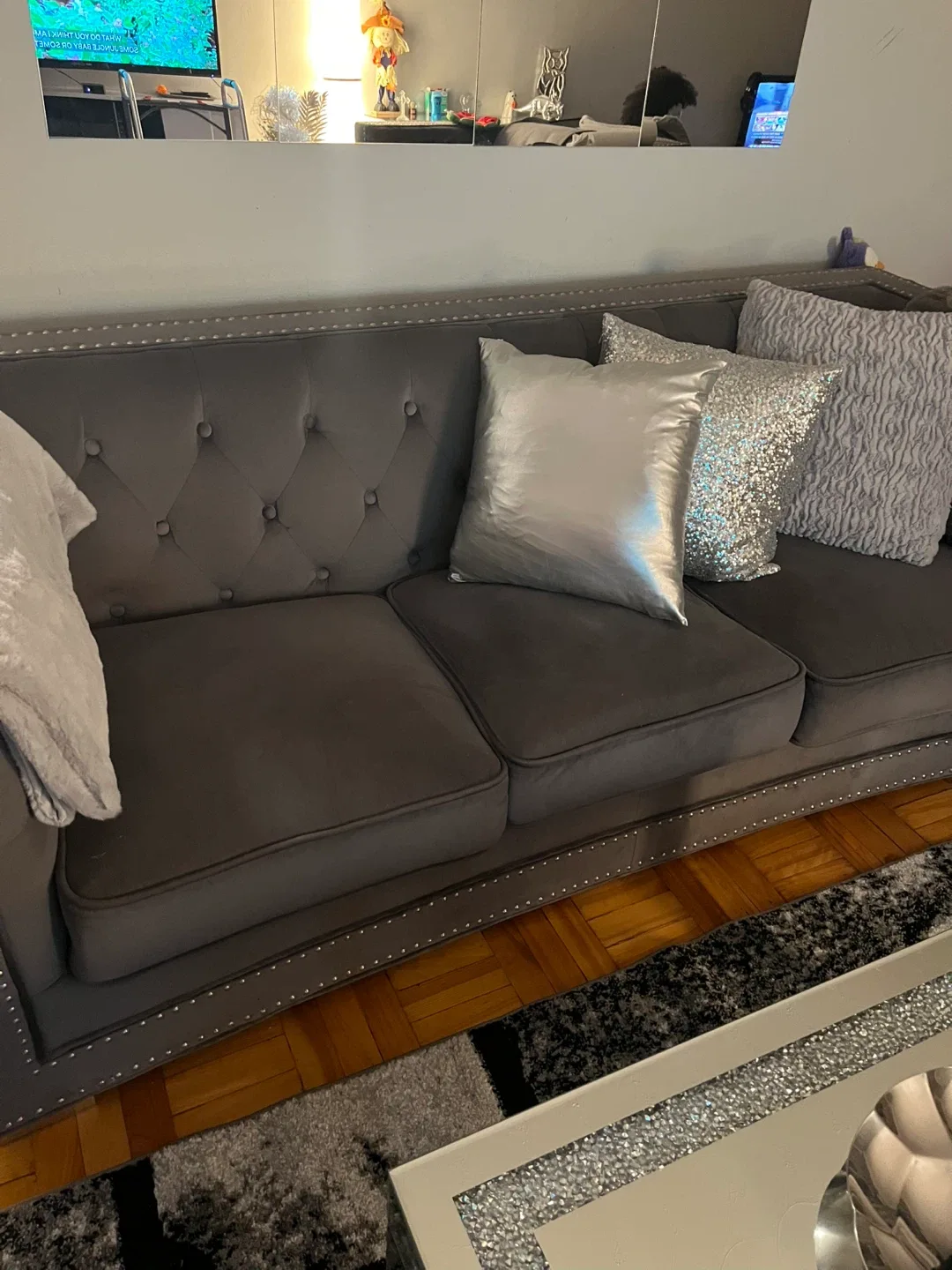 Gray Tufted Sofas with nailhead trim– Excellent Condition