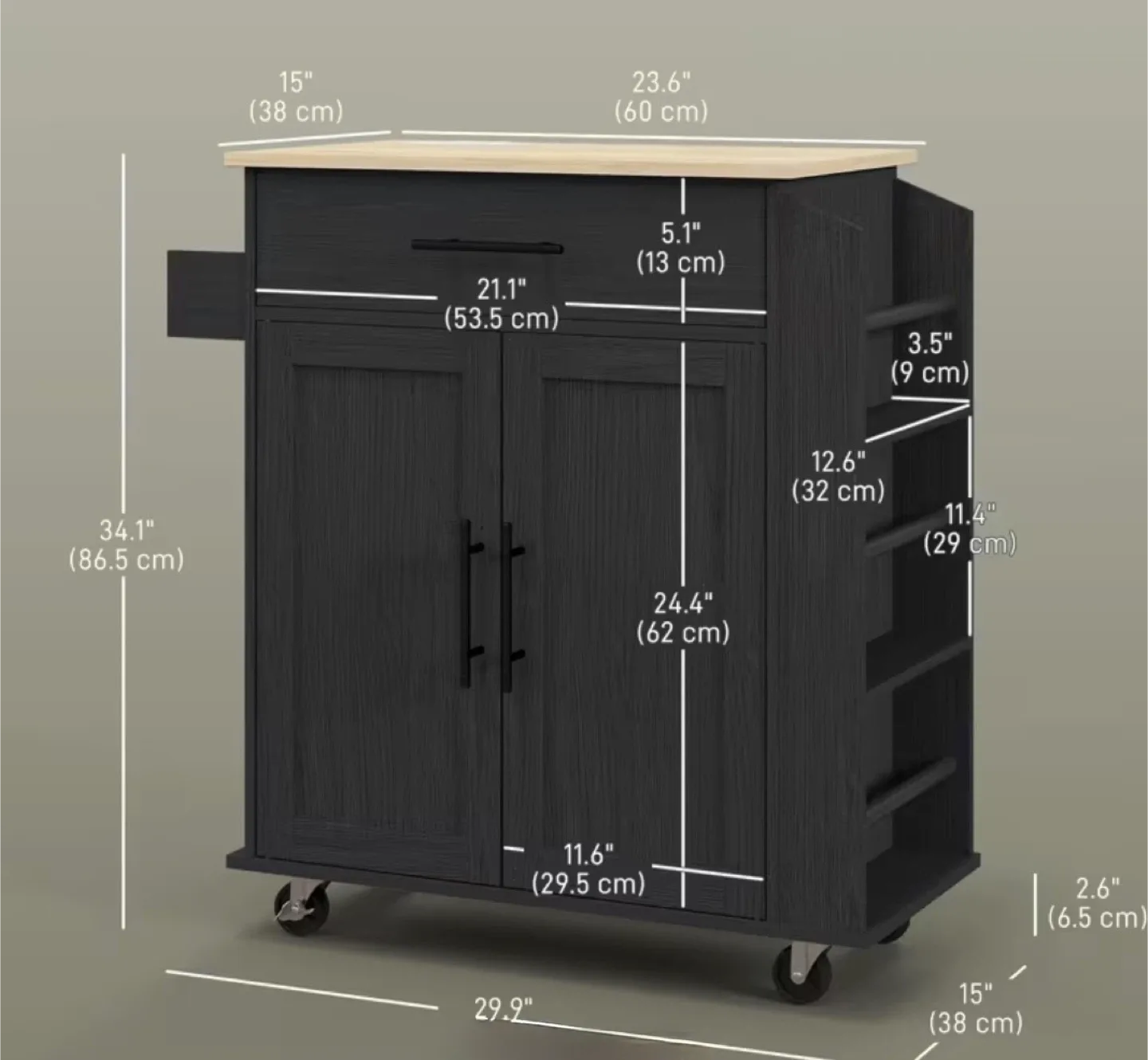Black Kitchen Island Cart with Charging Station