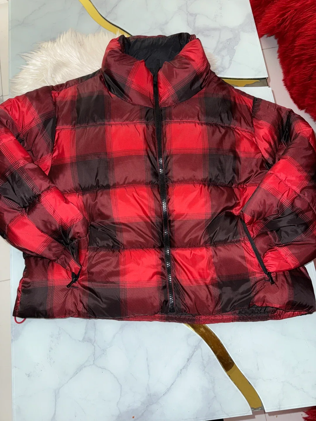 includes everything Old Navy Red Plaid Puffer Jacket - Size L