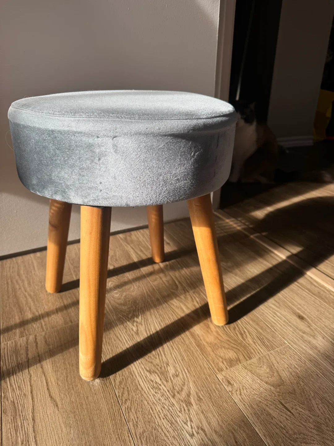 Handcrafted Wooden Velvet Vanity Stool - Grey