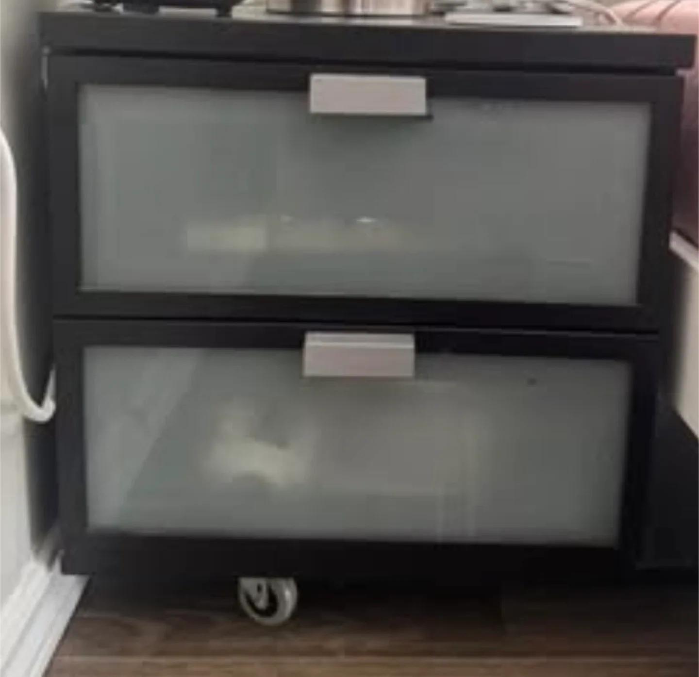 Black Nightstand with Drawers & Wheels